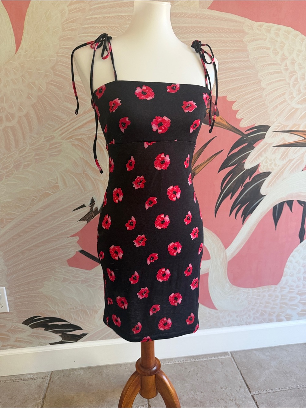 ASOS designs size 6 Black Floral Tie-Shoulder Bodycon Dress